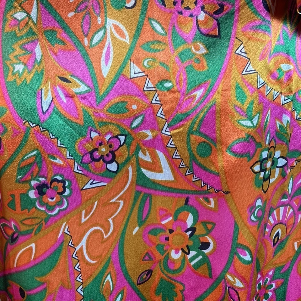 1970’s orange, green & pink satin long dress. 51” length. 32” chest. 120 - Picture 3 of 7